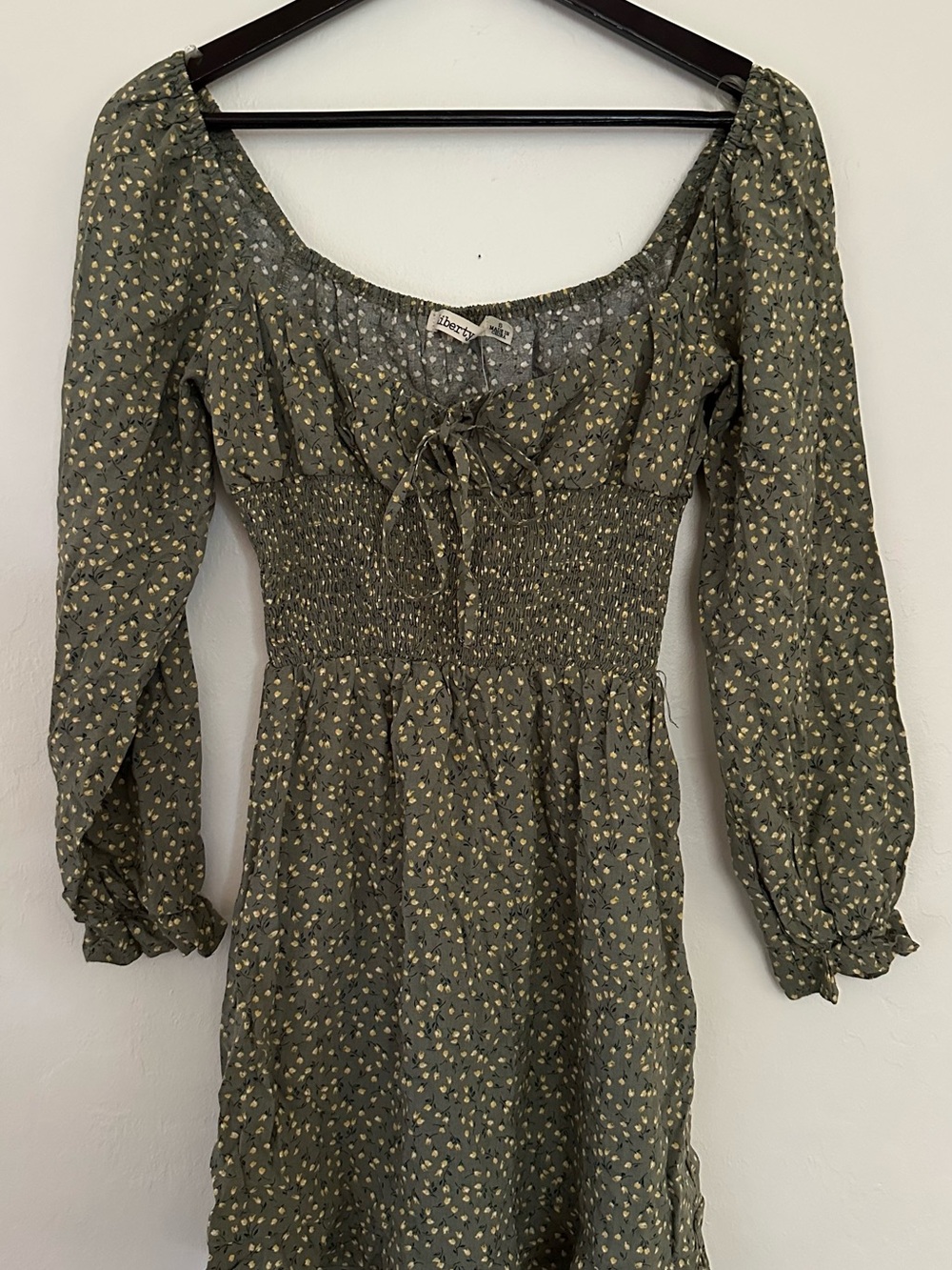 liberty Olive Floral Smocked Long Sleeve Dress